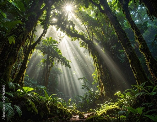 Sunbeams pierce dense, mossy rainforest canopy, illuminating a verdant, overgrown path
