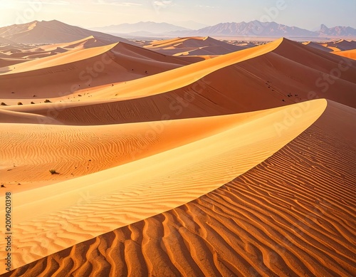 Sunlit desert dunes sculpt the landscape with rippling sand waves