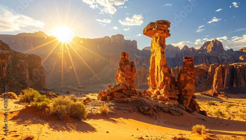Sunlit desert landscape with unique rock formations and arid vegetation