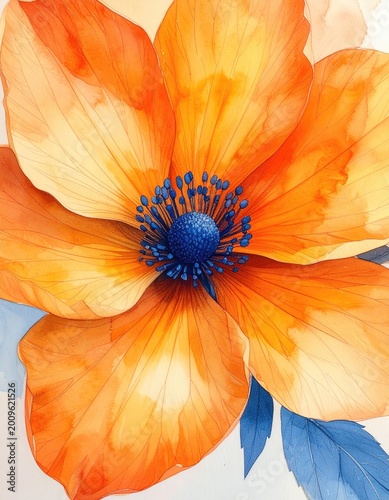 Vibrant orange flower with blue center and watercolor petals