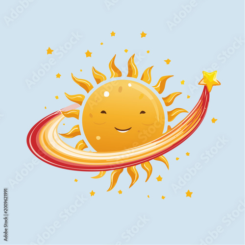 Cartoon Sun with Rainbow Ring and Shooting Star