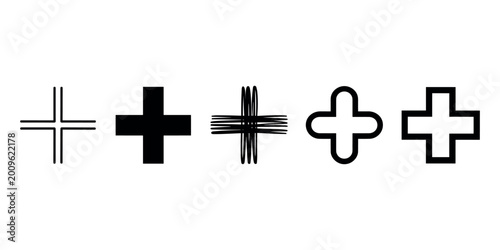 Black plus signs in different styles on white background cross symbol