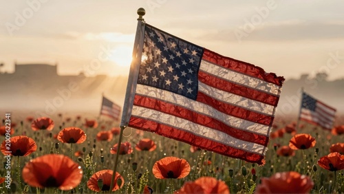 American Flag Waving in Red Poppy Field at Golden Hour