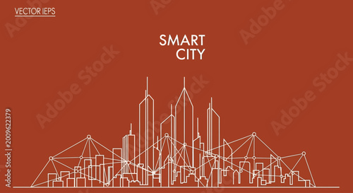 Smart City Skyline Outline with Network Connections, Futuristic Urban Concept
