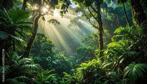 Sunbeams pierce lush, dense jungle canopy, illuminating vibrant green foliage