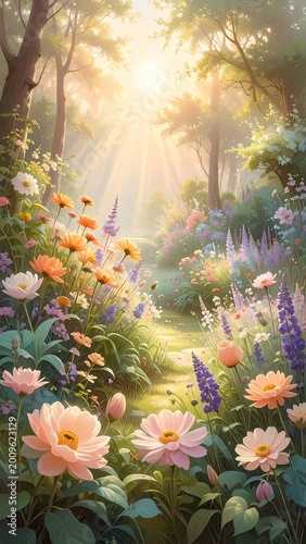 Sunlit forest path lined with vibrant, blooming wildflowers and lush greenery