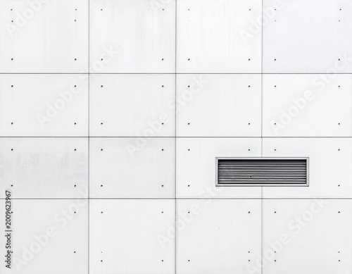 Stark white concrete facade with a grid pattern and a ventilation grate