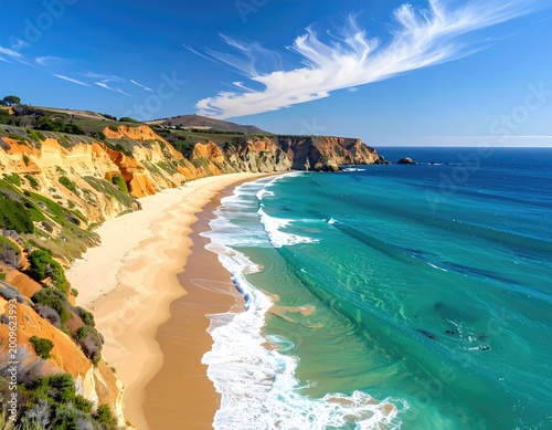 Sunlit golden cliffs meet turquoise waves on a sweeping sandy coastline