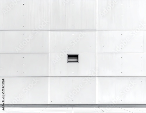 Stark white concrete wall with a central vent, geometric symmetry