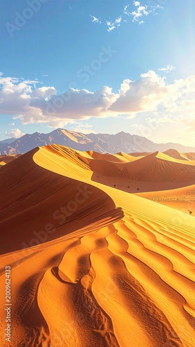 Sunlit golden dunes curve dramatically under a vast blue sky with clouds