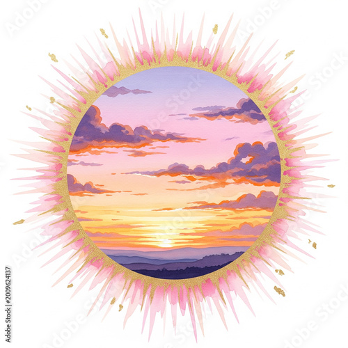 pink and gold watercolor circle burst with sunset view
