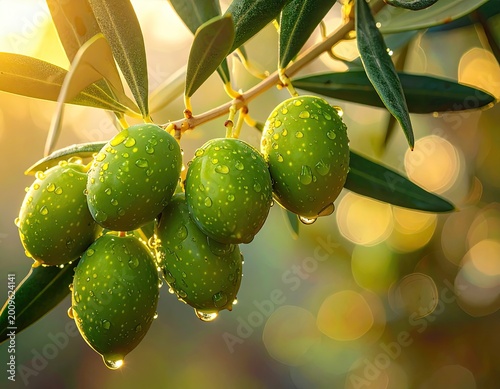 Sunlit green olives, glistening with dew, hang on a branch