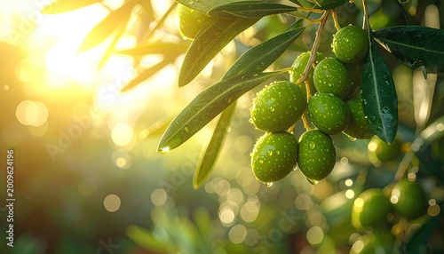 Sunlit green olives on branch, dew drops glistening, golden bokeh