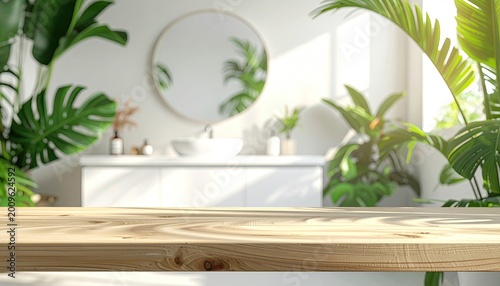 Sunlight streams into a plant-filled modern bathroom with a wooden counter
