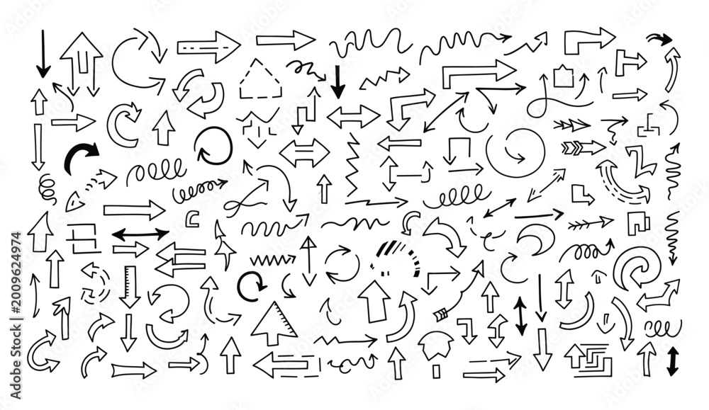 Obraz premium Hand drawn doodle arrows pointing various directions for navigation and graphic communication