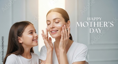 Mother and daughter applying face cream together, celebrating mothers day with skincare routine