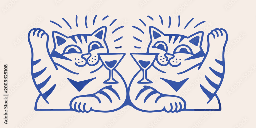 Fototapeta premium Two cats toasting with martini glasses blue line art illustration on a beige background