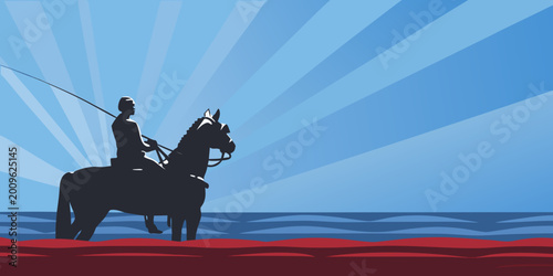 Foto Silhouette of a rider on horseback against a vibrant blue and red background hig