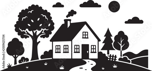 Hand drawn house with trees and landscape vector