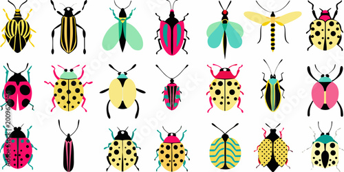 collection of stylized insect illustrations on a white background