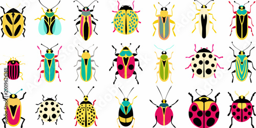collection of colorful stylized insect illustrations on white background