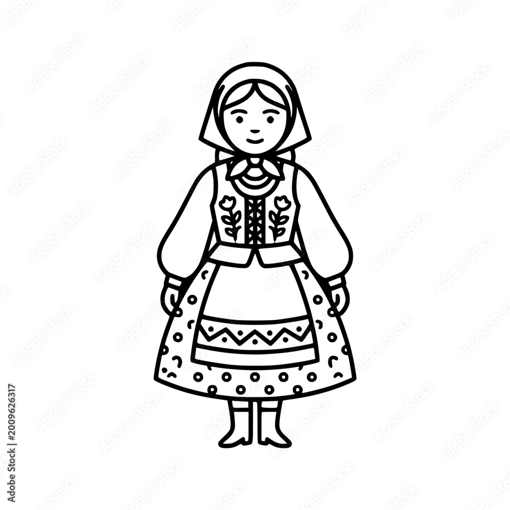 Fototapeta premium Traditional Folk Costume Woman Outline Illustration