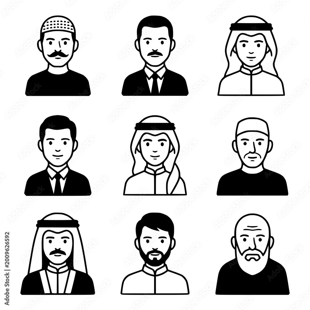 Fototapeta premium Diverse Male Avatars: Middle Eastern & Western Businessmen Icons