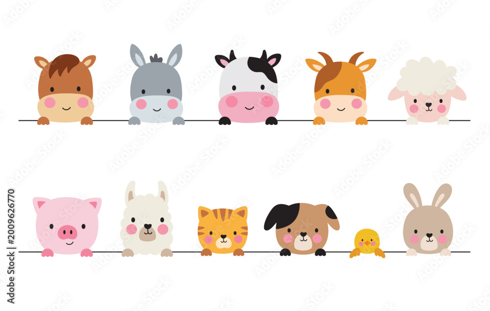 Obraz premium Cute farm animals peeking out vector illustration set featuring eleven animal characters. Includes cow, horse, donkey, goat, sheep, pig, llama, alpaca, cat, dog, chicken, and rabbit.