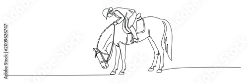 Continuous line drawing of an equestrian and horse with lowered head, ideal for sports marketing materials and animal themed graphics.