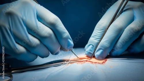 Hands of Surgeon Performing Delicate Suturing on Tissue