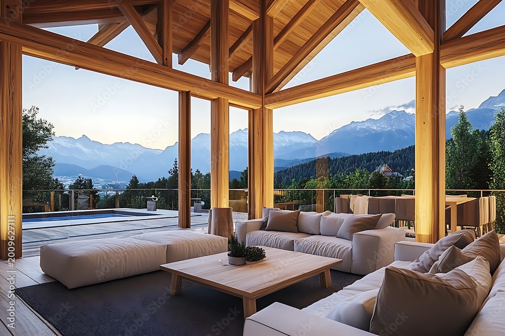 Fototapeta premium Luxury Wooden Terrace Interior with Mountain View