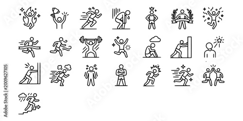 Schilderij op canvas icon sheet collection of sports characters engaged in intense physical activities, weightlifting, running, overcoming obstacles, and achieving championship goals with energy