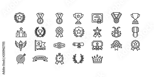 Fotografie icon sheet collection of prestigious awards, trophies, medals, and certificates representing excellence, championship titles, and professional recognition in various competitive fields