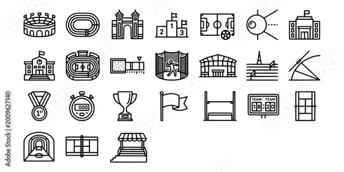 icon sheet collection of sports facilities, equipment, and tournament infrastructure including stadiums, tracks, courts, podiums, and scoreboards for professional athletic events.