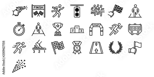 Foto icon sheet collection of race event elements, starting pistols, finish lines, checkered flags, and timing devices for track and field competitions