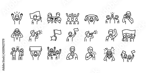 Foto icon sheet collection of sports fans, spectators, and supporters cheering with flags, megaphones, and binoculars to celebrate victory in a stadium