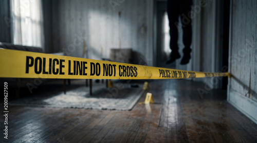 Police Line Crime Scene with Hanging Body in Abandoned Room – Murder Investigation Concept