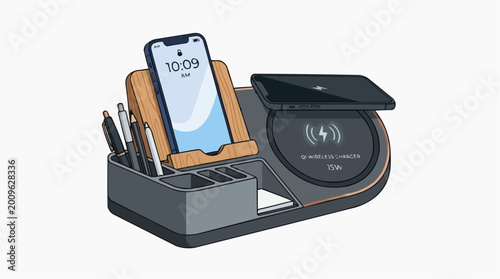 Workstation Elegance: An executive's desk showcases an organized wireless charging station featuring a modern smartphone, integrated pen holder, and sleek design.