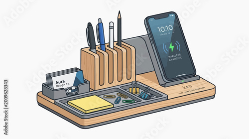 Organized Desk Essentials: An illustration of a meticulously arranged desk organizer showcasing various office supplies and electronic devices. Focus on functionality.