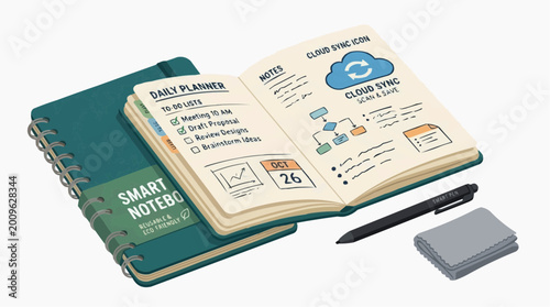 Smart Notebook: A sleek smart notebook is open with the 'Daily Planner' page showcasing organized to-do lists, while a 'Cloud Sync' icon implies digital integration, complete with a pen and eraser.