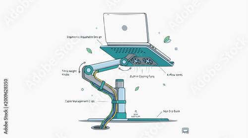 Laptop stand vector on white: laptop stand vector illustration with tilt, adjust, lightweight, built-in cooling fan, swivel joint