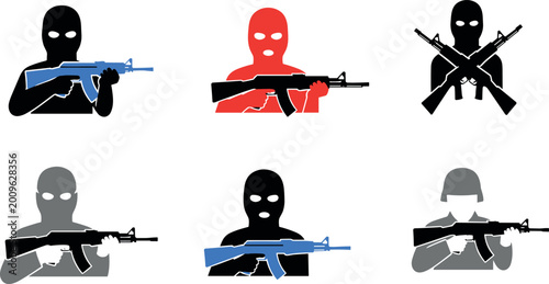 Cuadro en lienzo Armed criminal silhouette vector illustration set, masked gunman icons with rifl