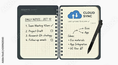 Cloud Sync: Notebook displaying digital integration for daily tasks and ideas. Organized and Efficient.