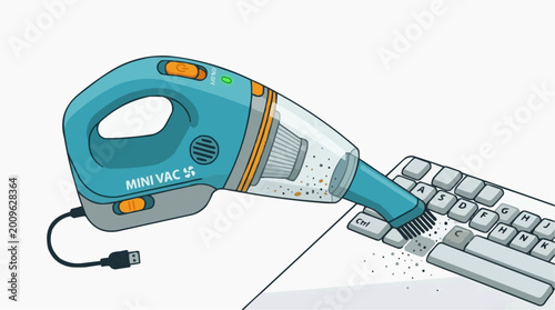 Desktop Cleaning: A mini vacuum cleaner effectively sucks up dust and debris from a computer keyboard and desk, showcasing a clean and tidy workspace.