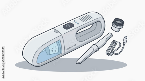 Compact Vacuum Cleaner Assembly: A sleek, modern compact vacuum cleaner, disassembled with its attachments and cable, set against a pristine backdrop, presenting convenience and technological prowess.