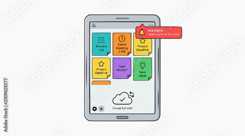 Tablet Digital Project Management: This illustration showcases a sleek tablet displaying a digital project management interface, with colorful sticky notes representing various tasks and deadlines.