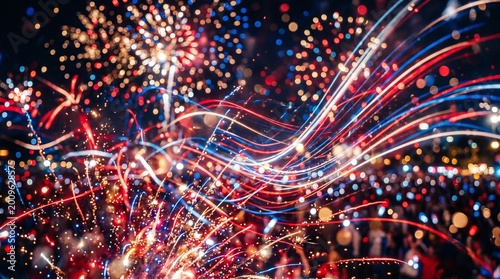 Vibrant Fourth of July celebration background with fireworks streaks and colorful light trails for Independence Day festive promotion and national holiday party invitation design