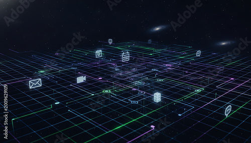 Intricate digital grid network glowing with neon lines and icons on a dark background representing cyber technology and data connection