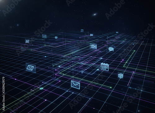 Intricate digital grid network with glowing blue lines and icons on a dark background representing technology and data connection
