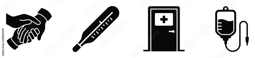 Fototapeta premium Healthcare and medical support icons featuring handshake, thermometer, hospital entrance, and IV fluid